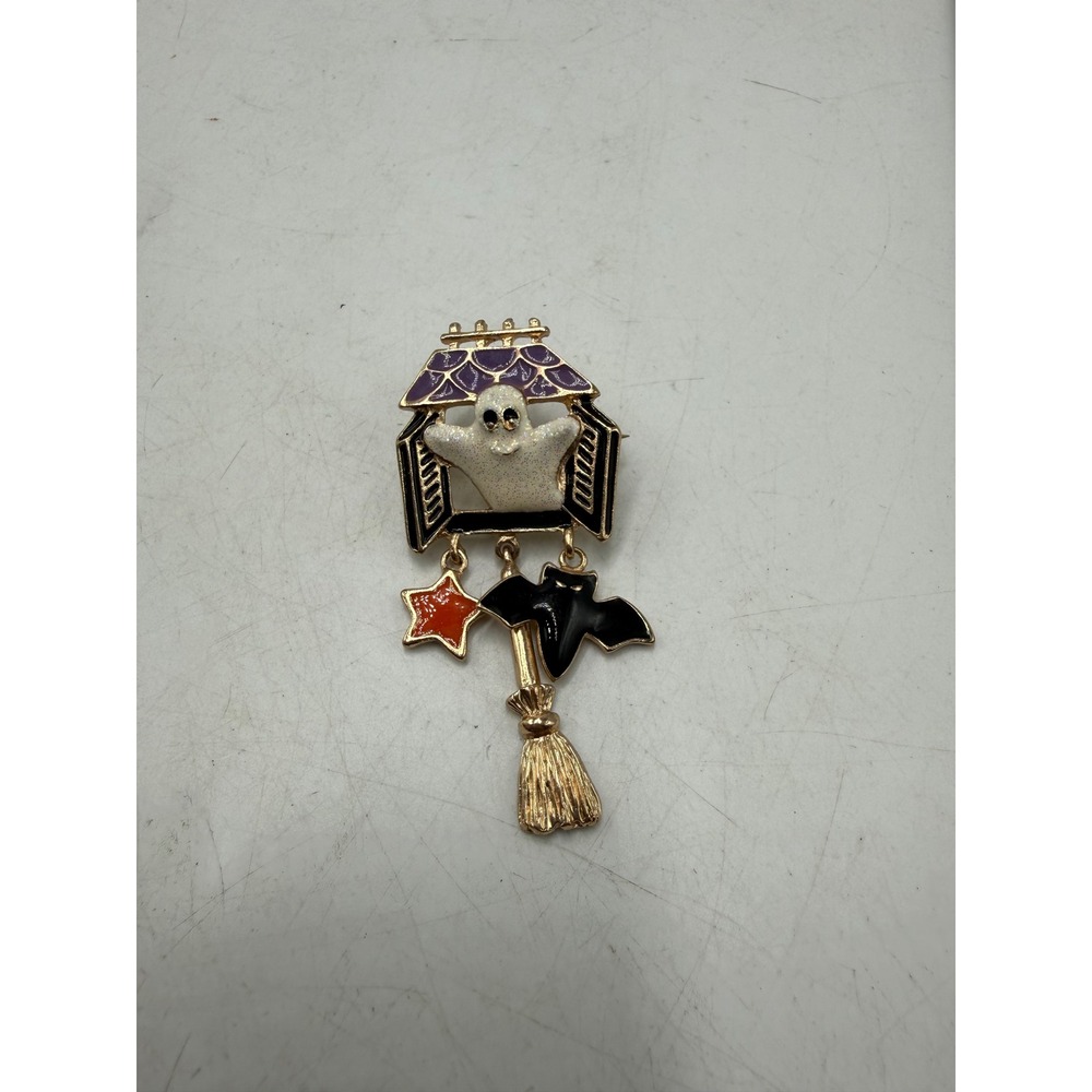 Halloween Ghost Bat Broomstick Dangle Brooch Gold Tone Enamel Spooky Pin